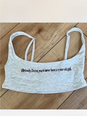 omighty Heather Grey Cropped Tank with Black Script and Yellow Logo Tag